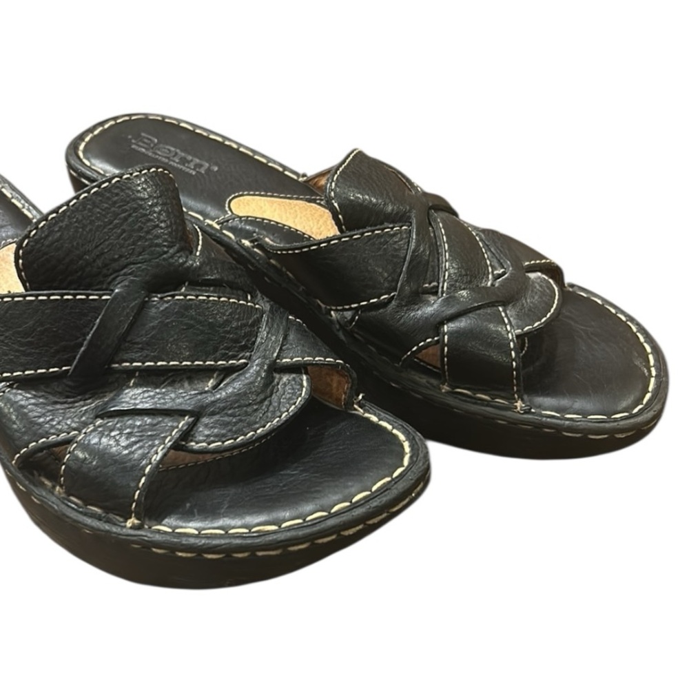 Born Folly Slip On Black Learher Wedge Sandals Size 8 - Picture 11 of 11